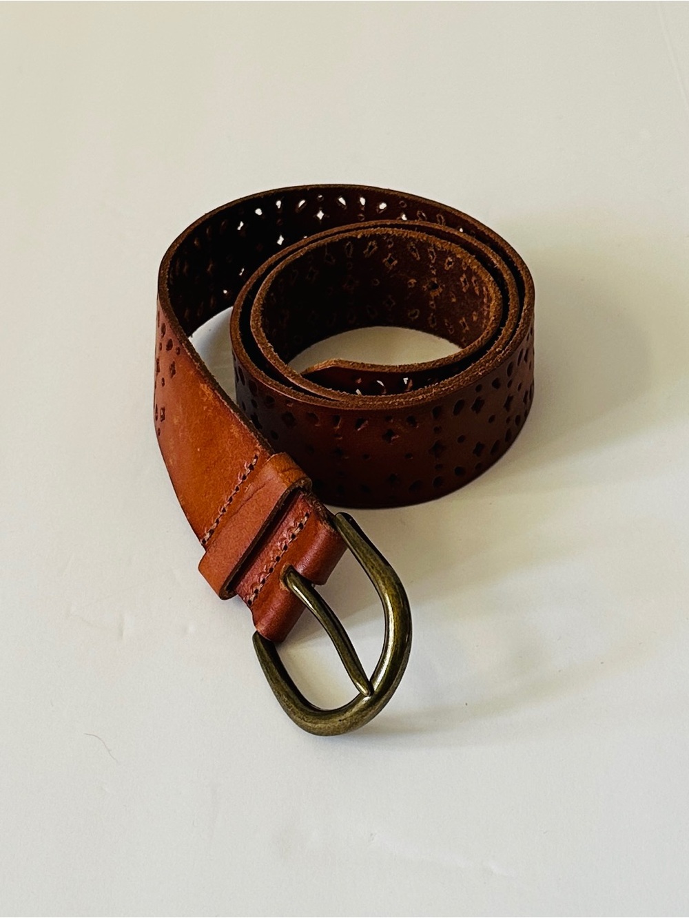 GAP Brown Perforated Leather Belt with Brass-Tone Buckle